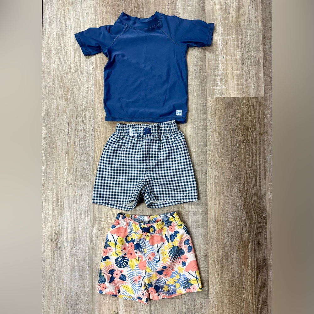Rugged Butts Gingham & Tropical Flamingo Swim Trunks & Rash Guard (EUC)